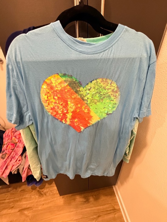 queer eye Tops - Women Light Blue Short Sleeve Tee with Orange & Green Sequin Heart